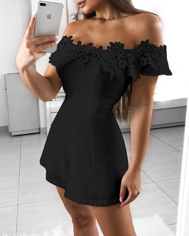 

Off Shoulder Floral Lace Applique Romper, Black