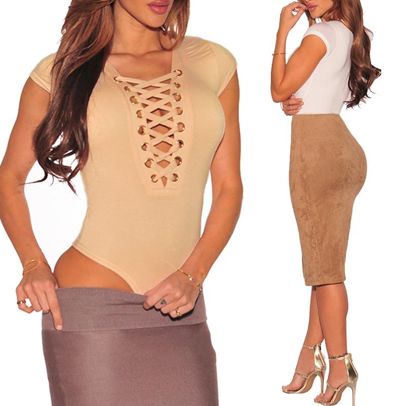 

Sexy Lace Up Cap Sleeve Bodysuit Romper, Beige