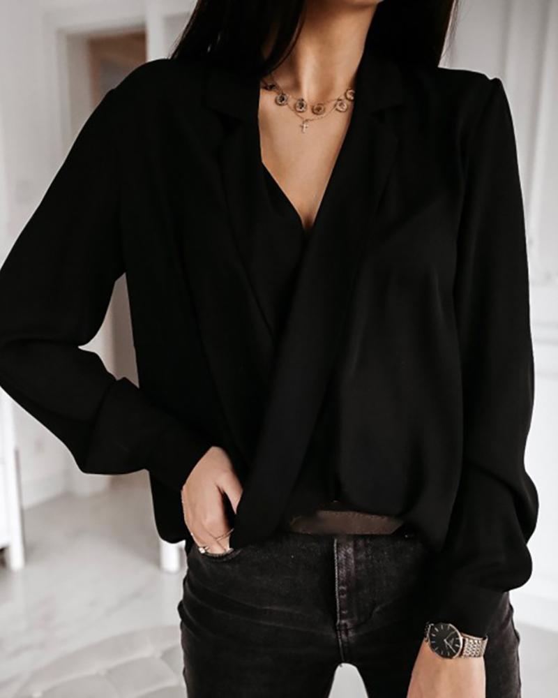 

Turn-down Collar Long Sleeve Blouse, Black
