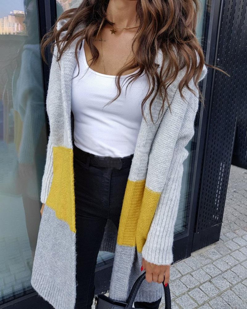 

Hooded Colorblock Open Front Long Sleeve Knitting Cardigan, Yellow
