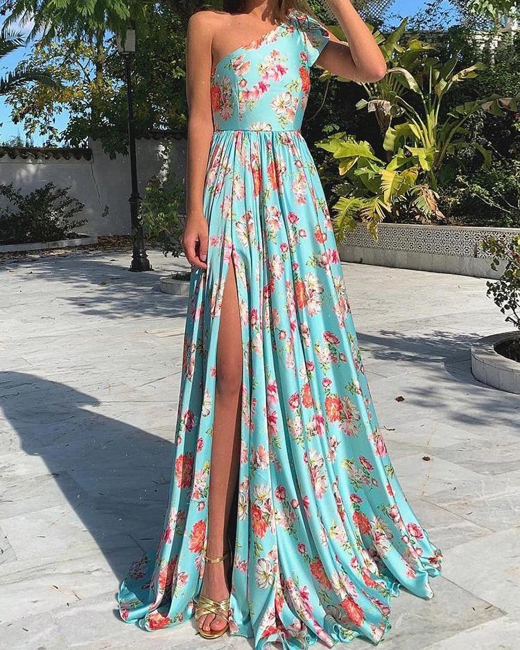 

Floral Print One Shoulder Slit Maxi Dress, Blue