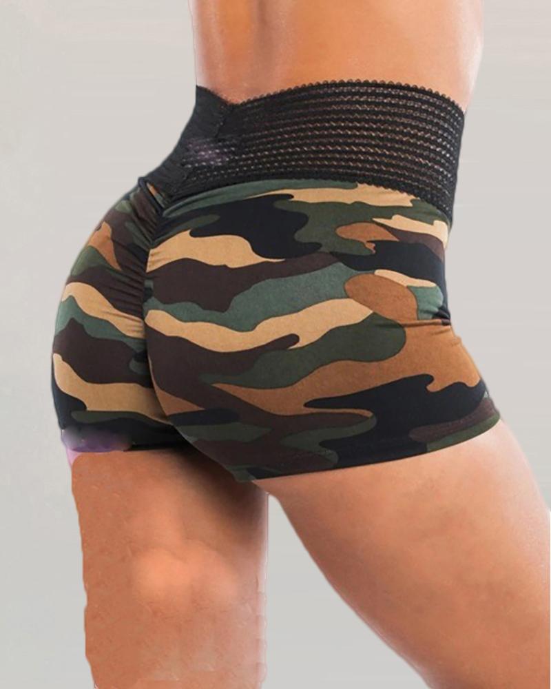 

High Waist Camouflage Print Ruched Shorts, Green