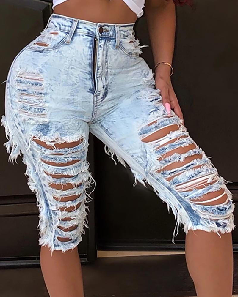 

High Waist Stretchy Ripped Holey Jean, Blue