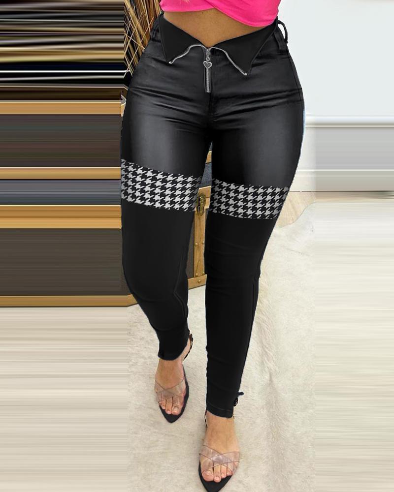

Zipper Design High Waist Houndstooth PU Leather Pants, Black