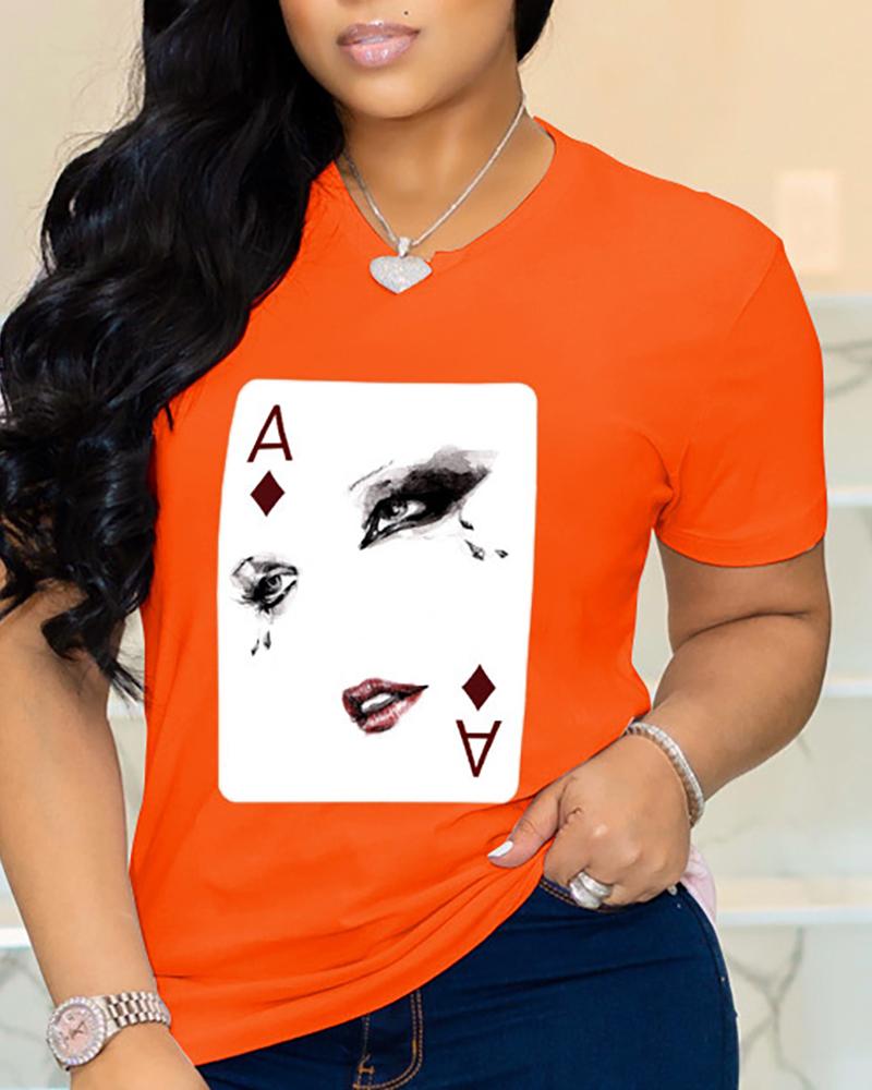 

Poker Figure Print Short Sleeve Casual T-shirt, Orange