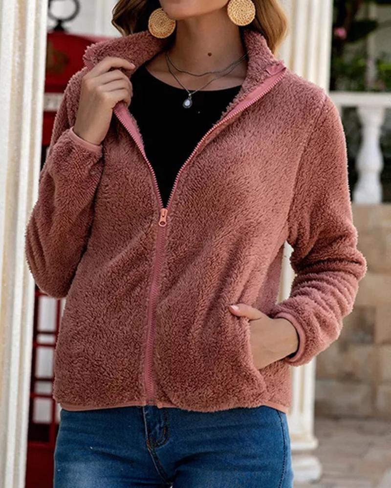 

Pocket Zipper Design Teddy Coat, Brown