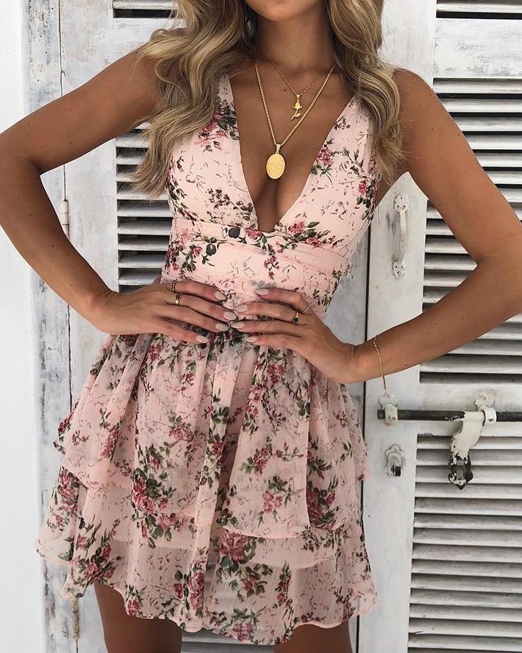 

Floral Deep V Layered Ruffles Mini Dress