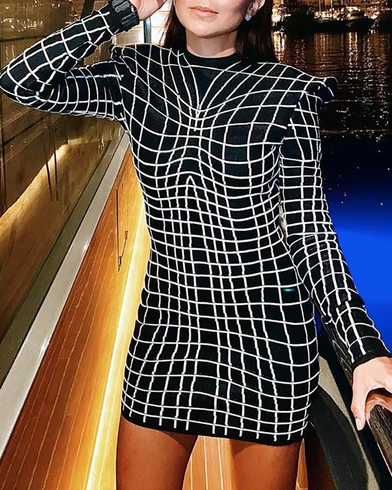 

Plaid Mock Neck Padded Shoulder Long Sleeve Bodycon Dress