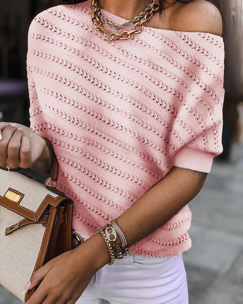 

Hollow Out Braided Half Sleeve Casual Sweater, Pink