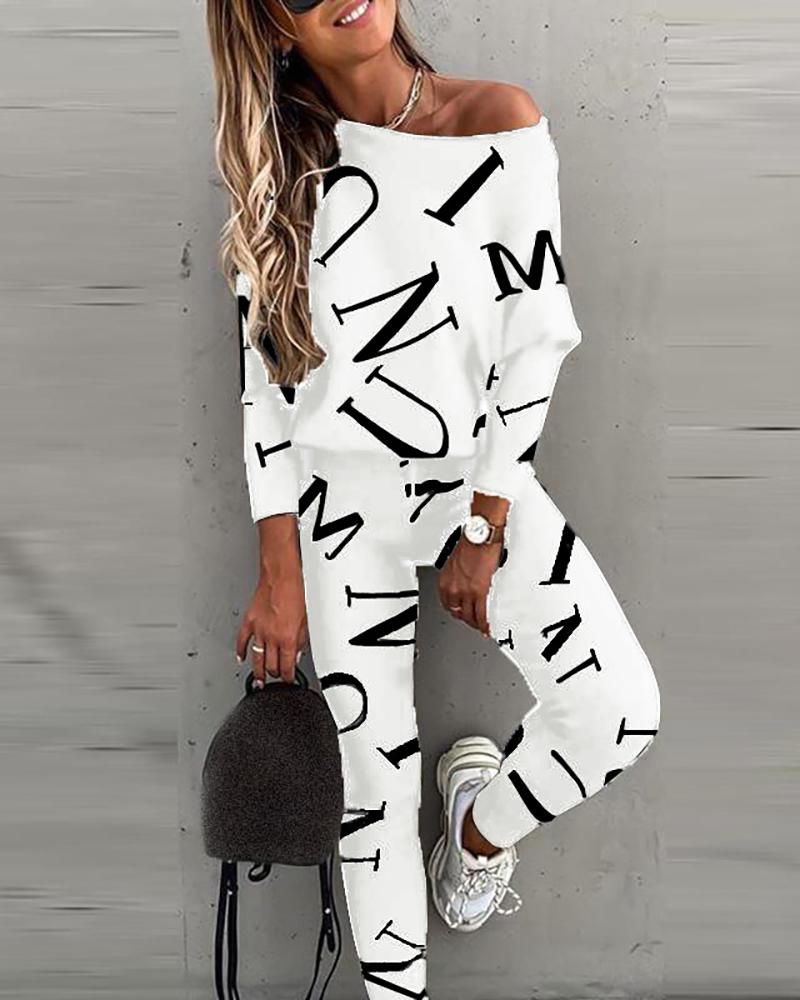 

Letter Print Long Sleeve Top & Pants Set, White