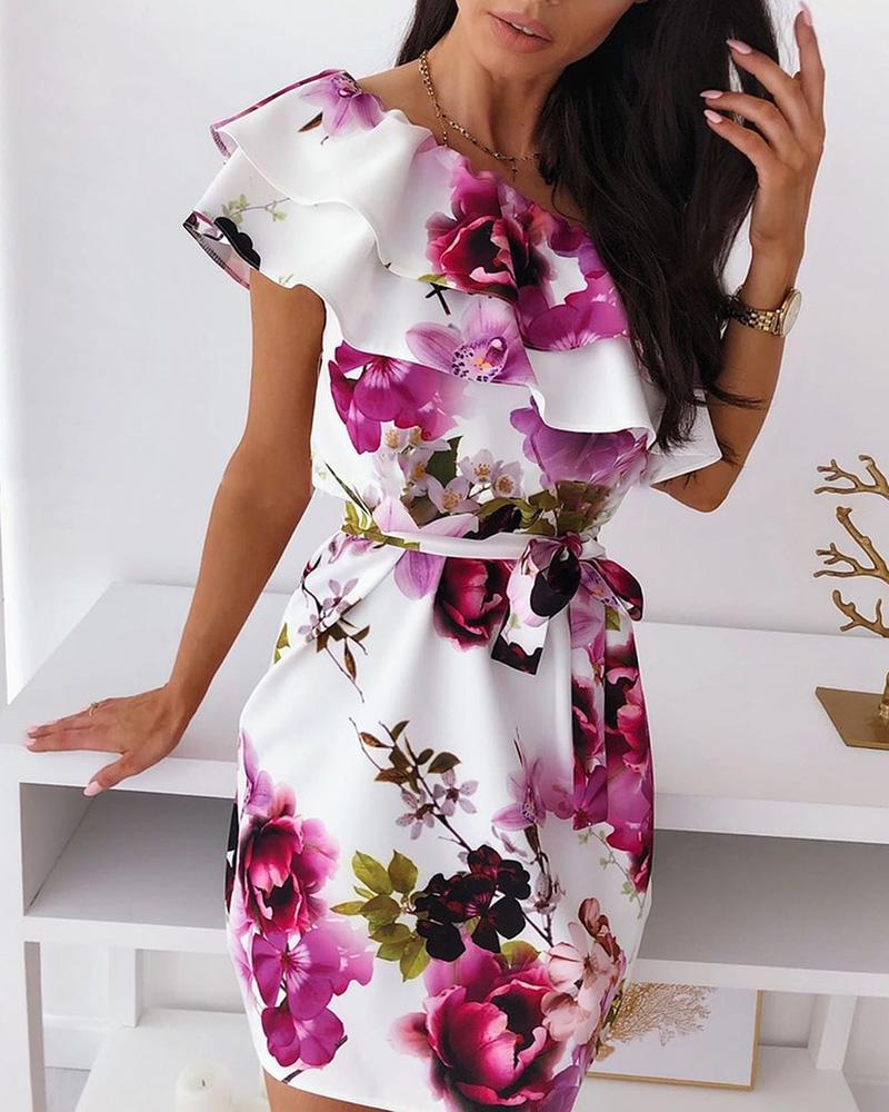 

Layered Ruffles Floral Print Casual Dress, Hot pink