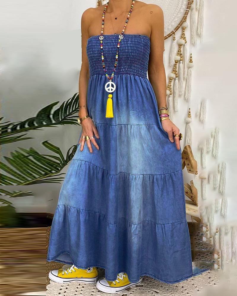 

Shirring Design Bandeau Denim Maxi Dress, Blue