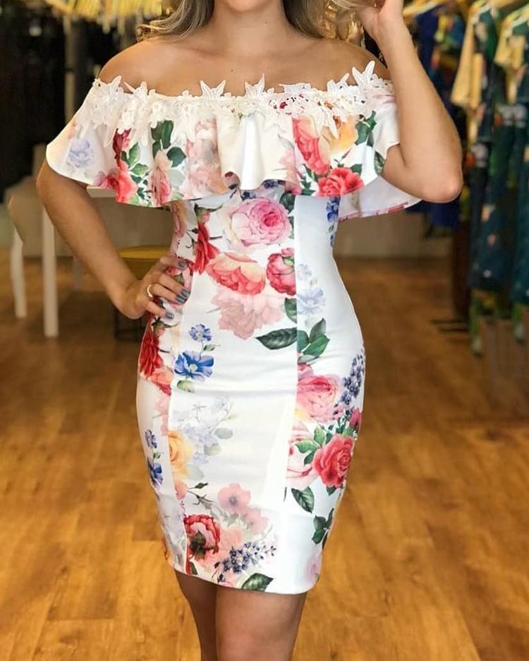

Floral Print Lace Applique Ruffled Bodycon Dress, White