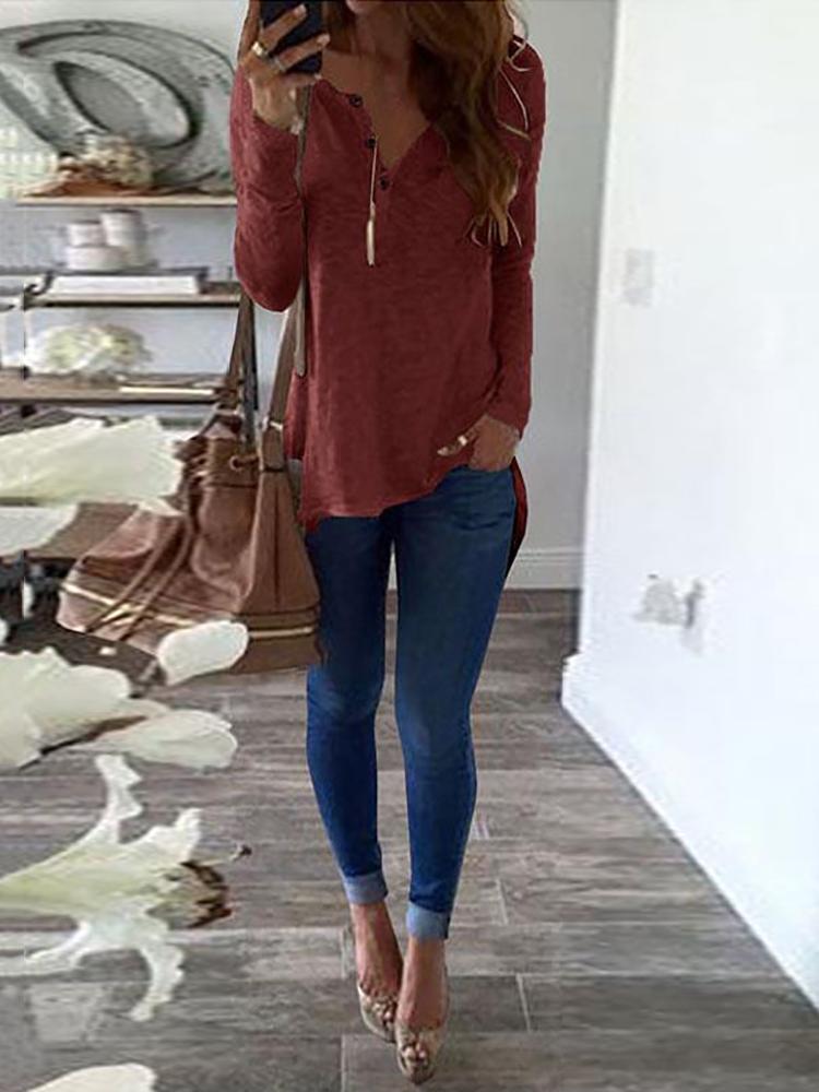 

Women Button Irregular T-shirt - Wine Red