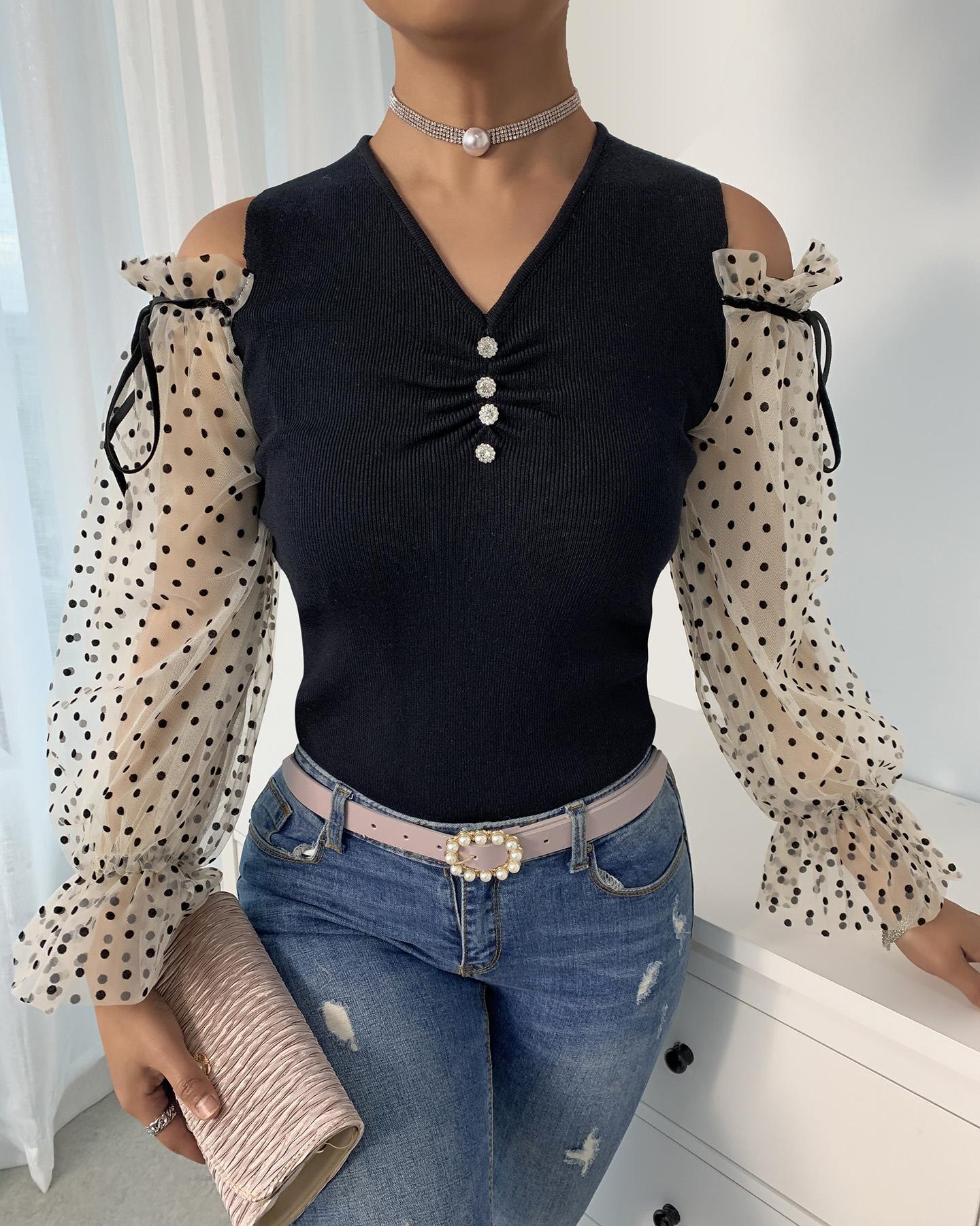 

Cold Shoulder Dot Mesh Top, Black