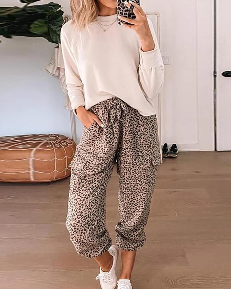

Solid Casual Top & Drawstring Cheetah Print Pants Set, Leopard
