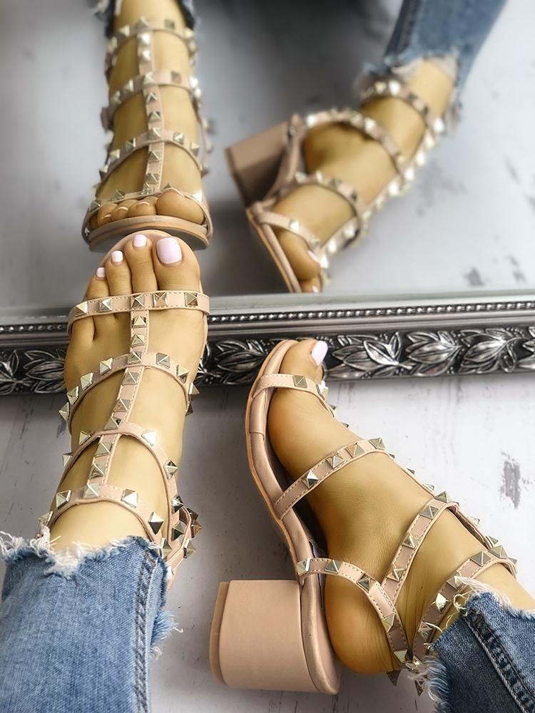 

Fashion Studded Chunky Heeled Sandals, Beige