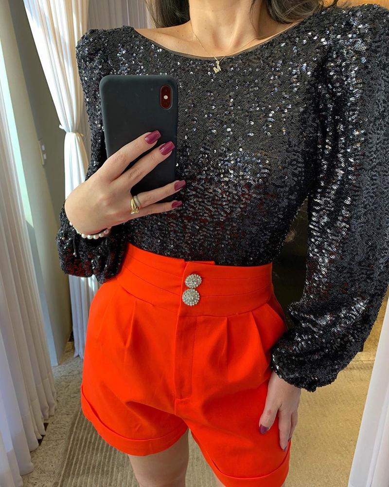 

Sequins Puff Sleeve Tight Waist Backless Blouse, Black
