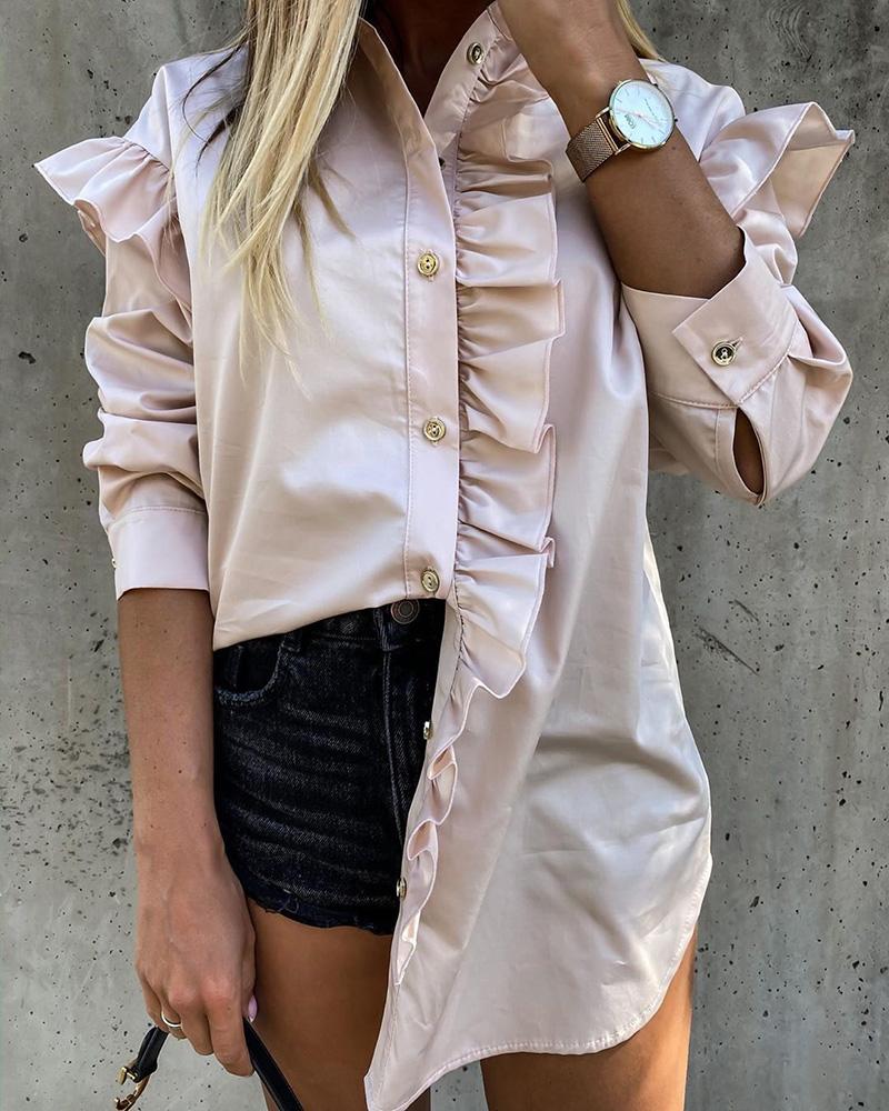 

Solid Color Ruffles Long Sleeve Blouse, Apricot