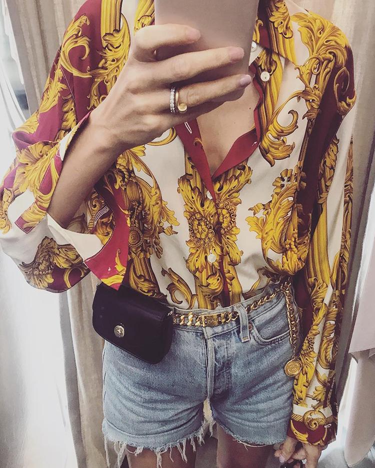 

Ethnic Print Button Up Long Sleeve Blouse
