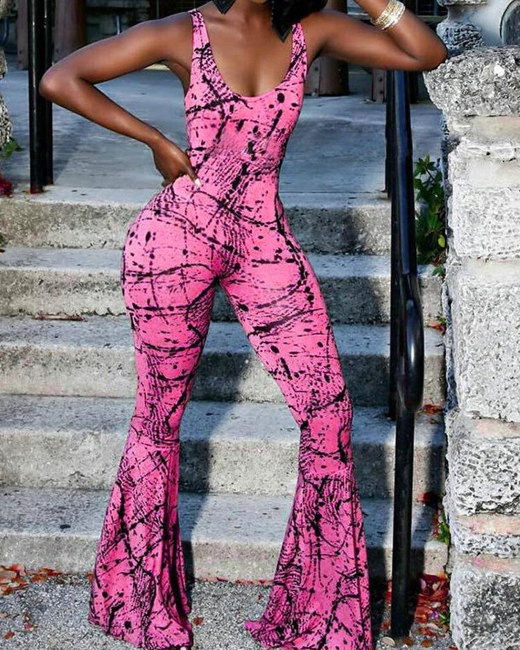 

Graffiti Print Slinky Flared Jumpsuit, Hot pink