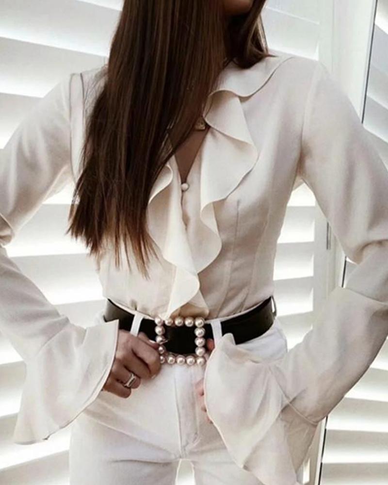 

Bell Sleeve Ruffle Trim Shirt, White