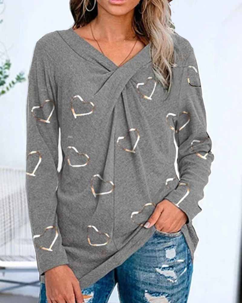 

Heart Print Long Sleeve Loose T-shirts, Gray