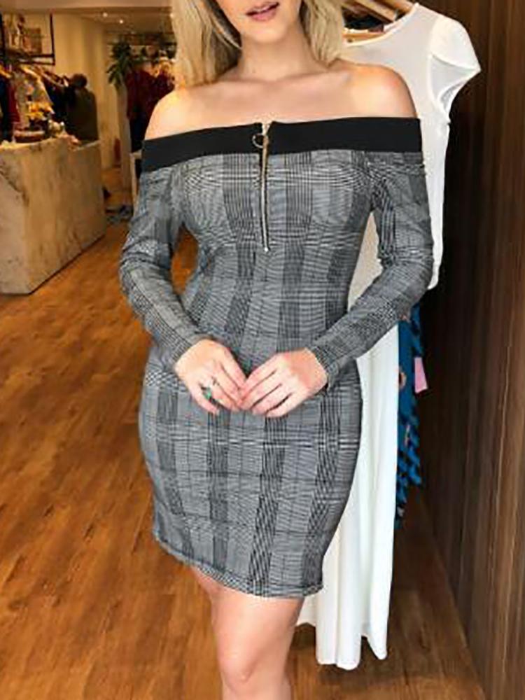 

Binding Plaid Print Zip Up Bodycon Dress