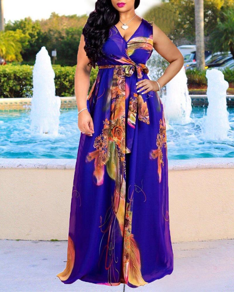 

Deep V-neck Floral Printed Maxi dress, Dark blue