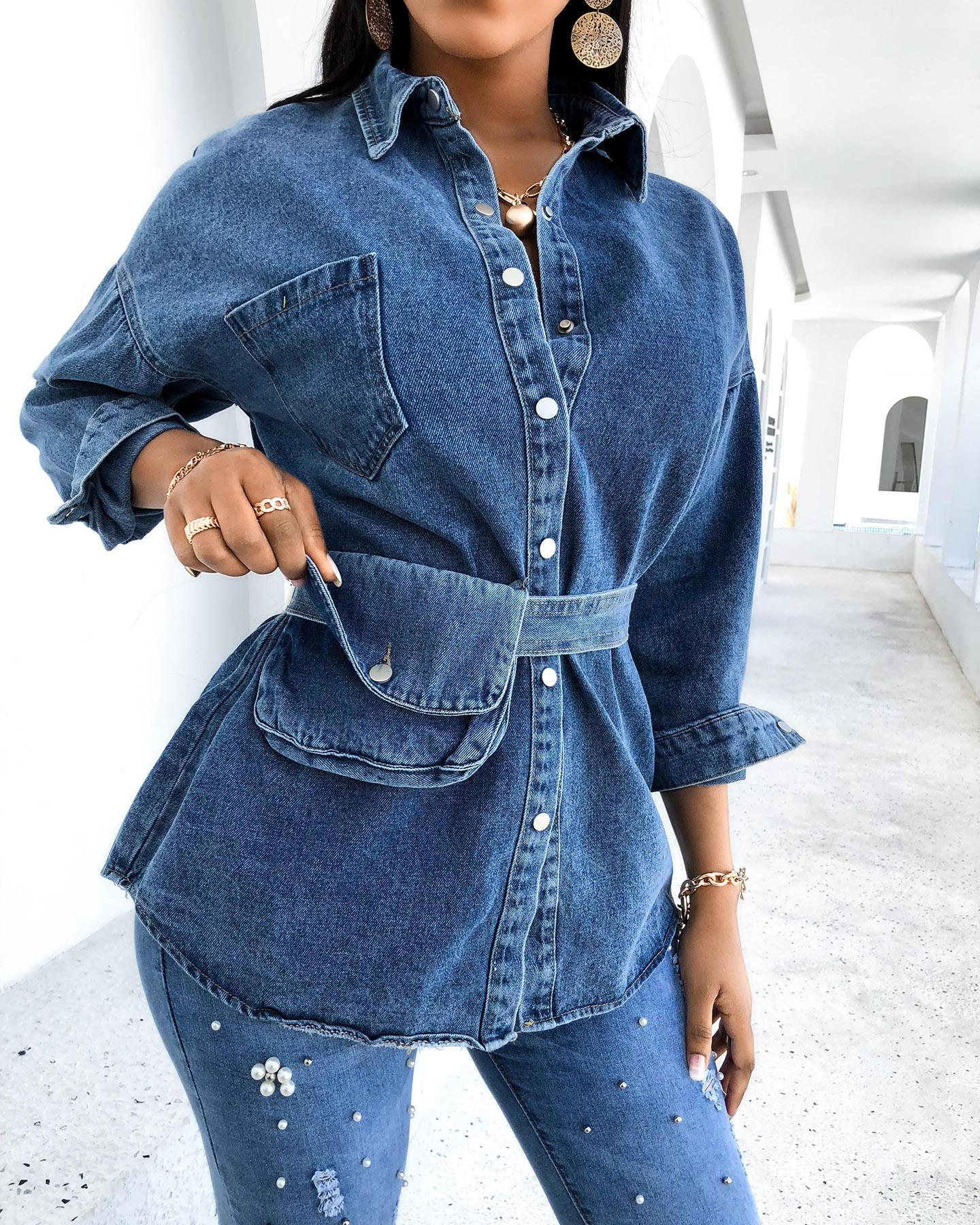 

Buttoned Pocket Design Casual Denim Shirt, Dark blue