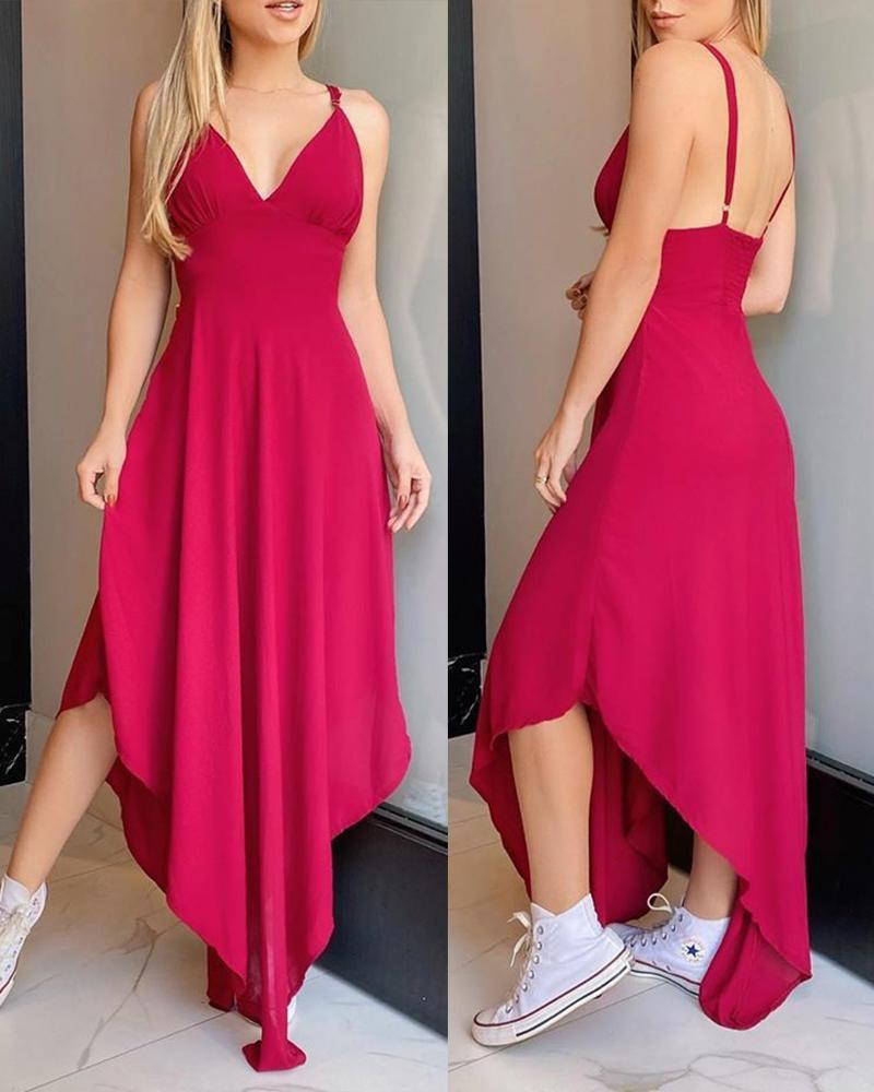 

Spaghetti Strap Irregular Trim Backless Maxi Dress, Hot pink