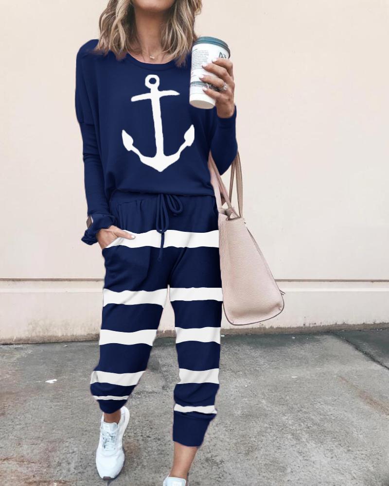 

Boat Anchor Print Striped Drawstring Top & Pants Set, Purplish blue