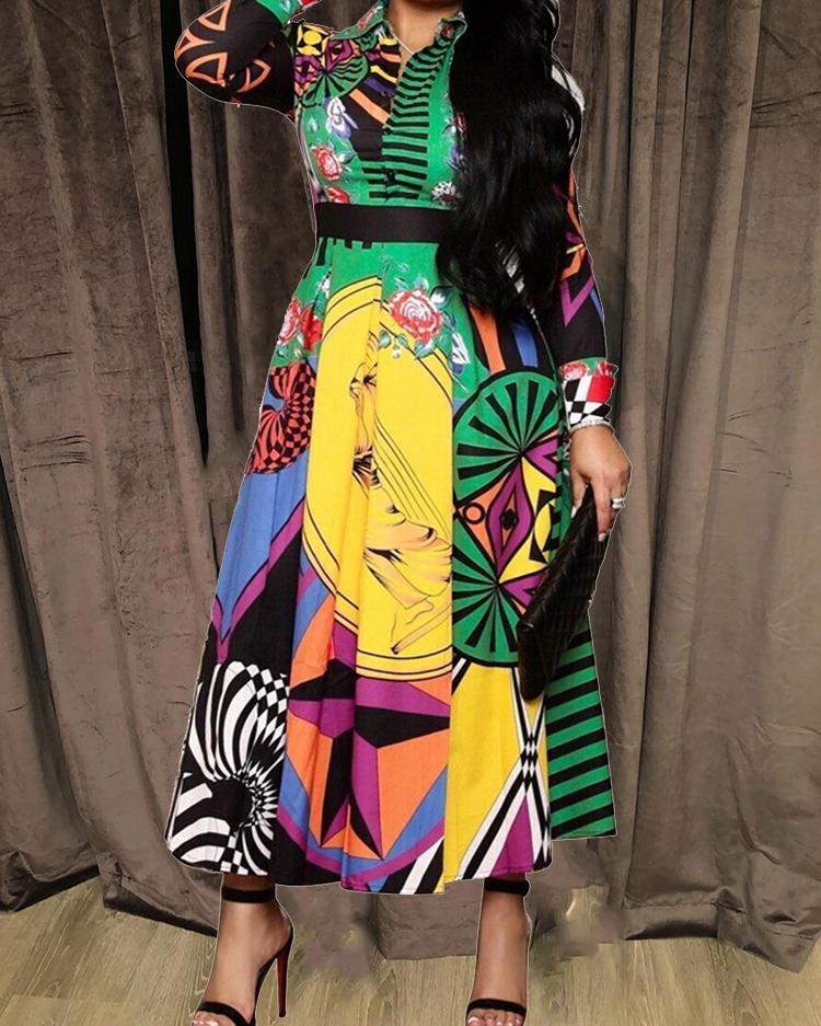 

Mixed Print Long Sleeve Shirt Dress, Multicolor