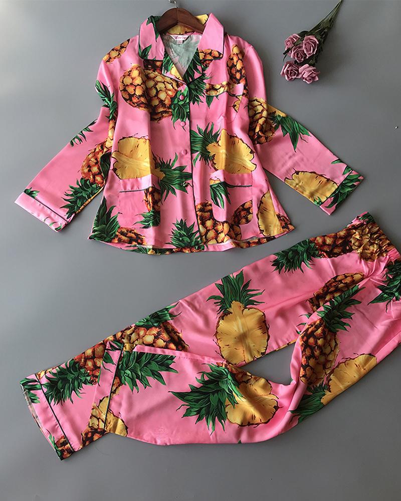 

Print Long Sleeve Buttoned Pajamas Set, Pink