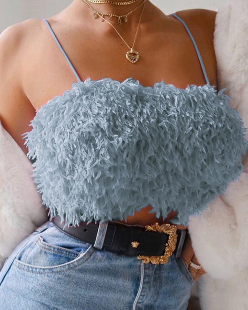 

Fluffy Spaghttti Strap Crop Top, Blue