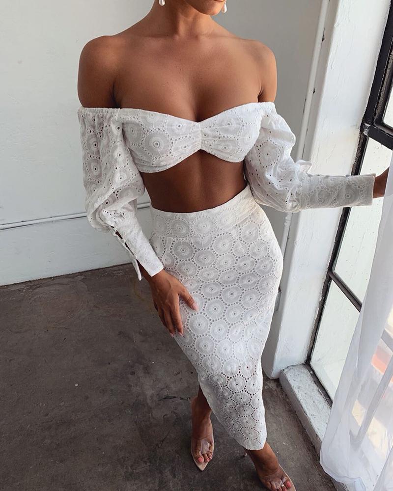 

Off Shoulder Eyelet Embroidery Top & Skirt Set, White