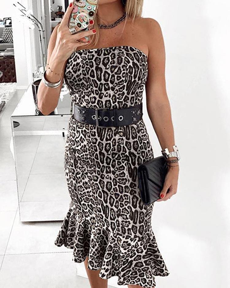 

Leopard Print Pep Hem Bodycon Tube Dress, Gray