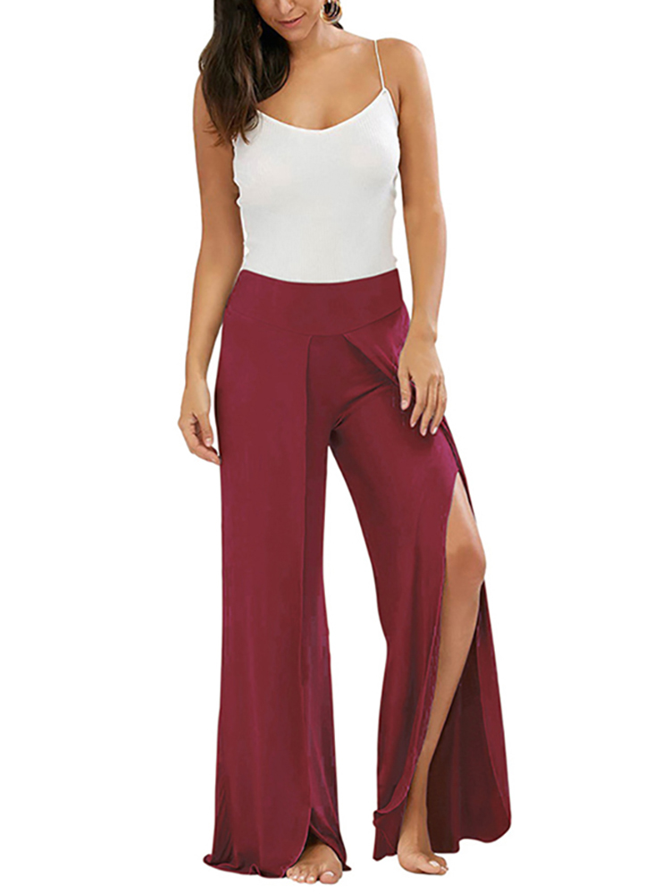 

Trendy Solid High Slit Wide Leg Pants, Beige;wine red;blue;black;purple;army green