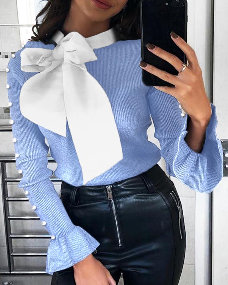 

Ribbed Tied Neck Beads Embellished Sweater, Blue