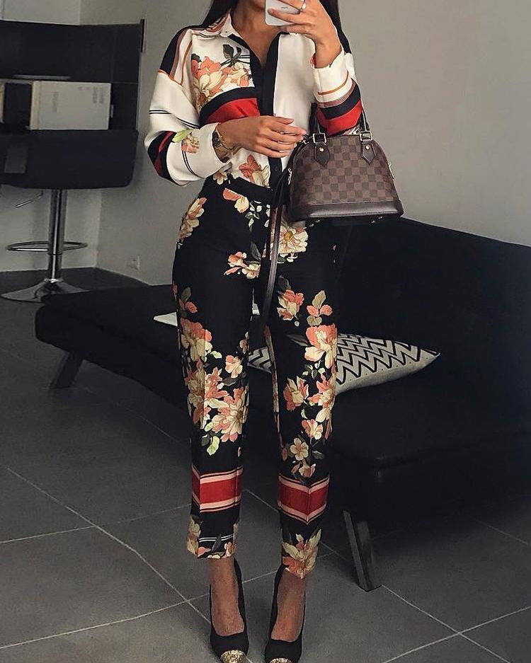 

Floral Print Turn-Down Neck Long Sleeve Jumpsuit, Black
