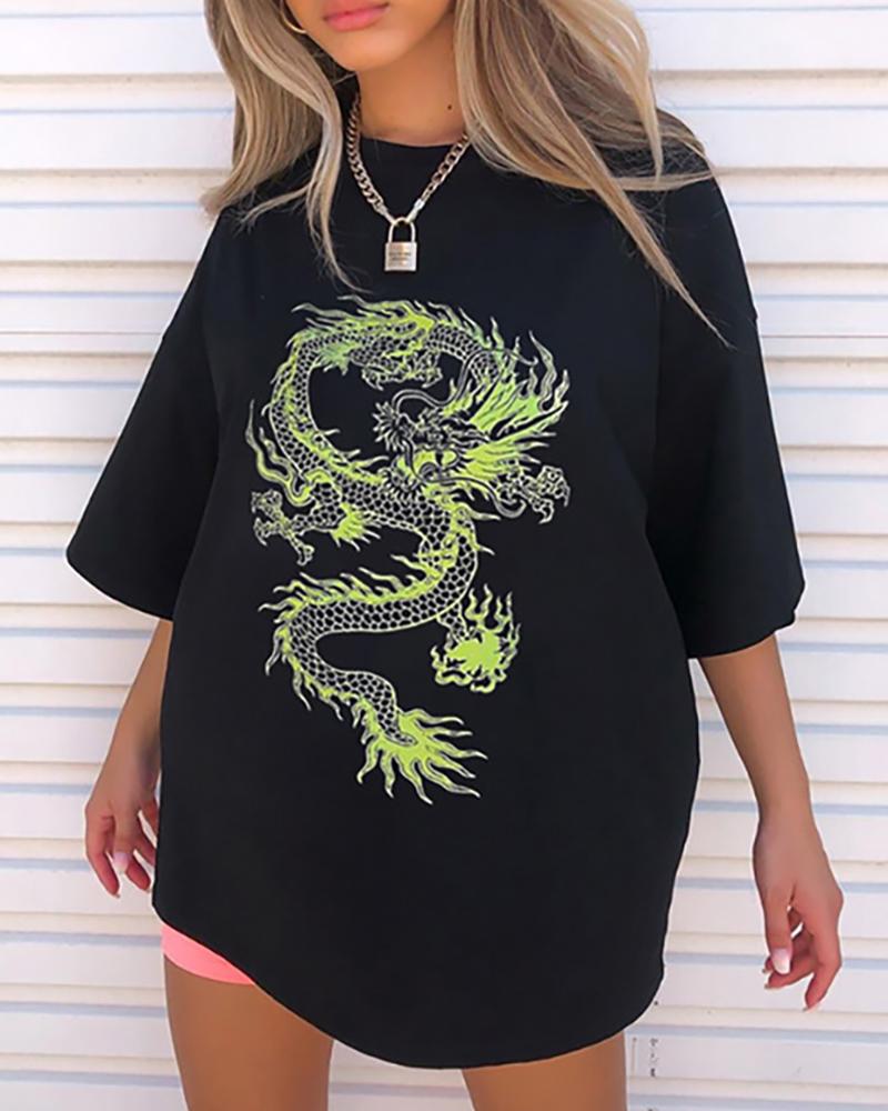 

Dragon Print Half Sleeve Casual T-shirt, Black