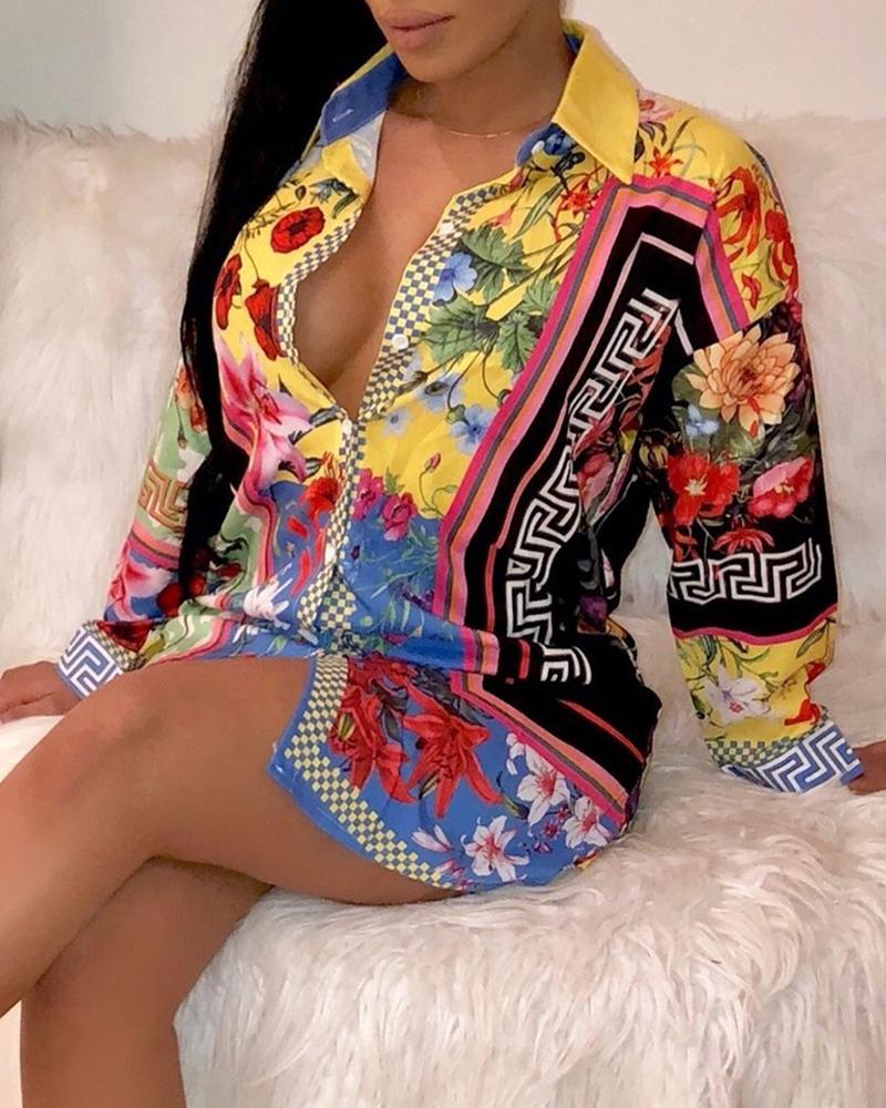 

Mixed Print Long Sleeve Shirt Dress, Multicolor