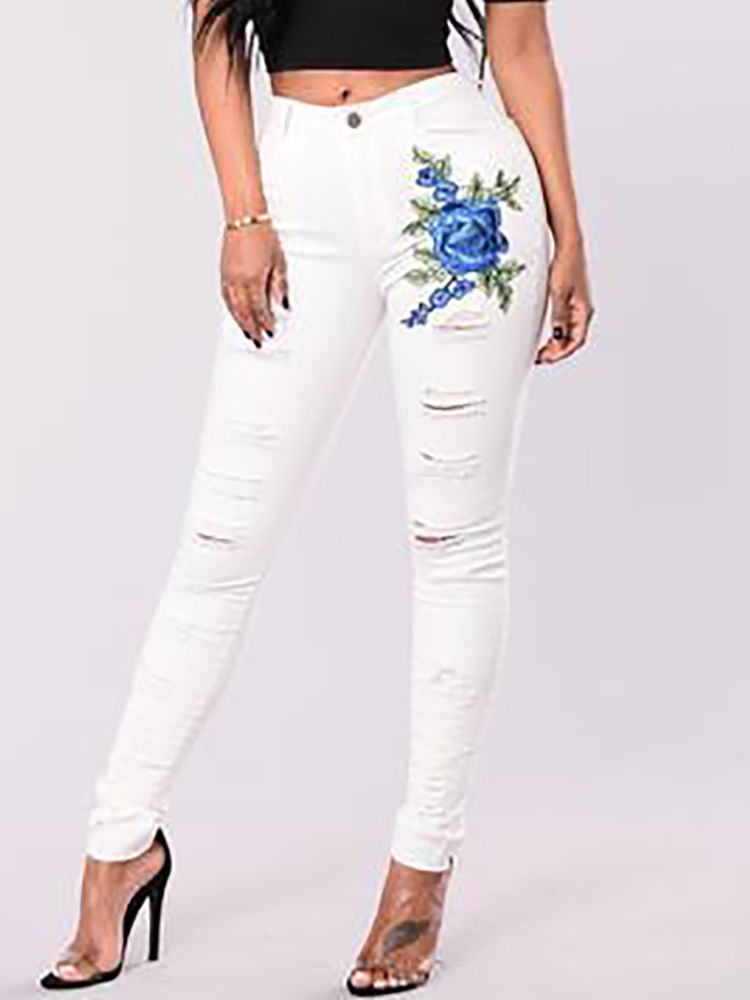 

Ripped Floral Embroidery Ripped Skinny Denim Jeans, White