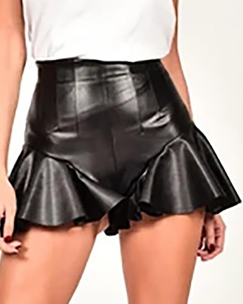 

Solid High Waist Ruffles PU Skirt, Black
