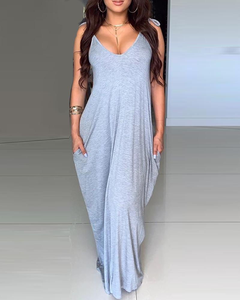

Spaghetti Strap V-neck Casual Dress, Gray