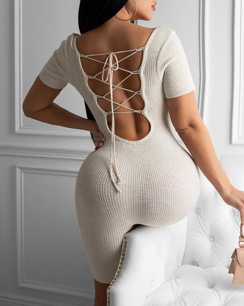 

Solid Ribbed Open Back Lace-up Romper, Beige