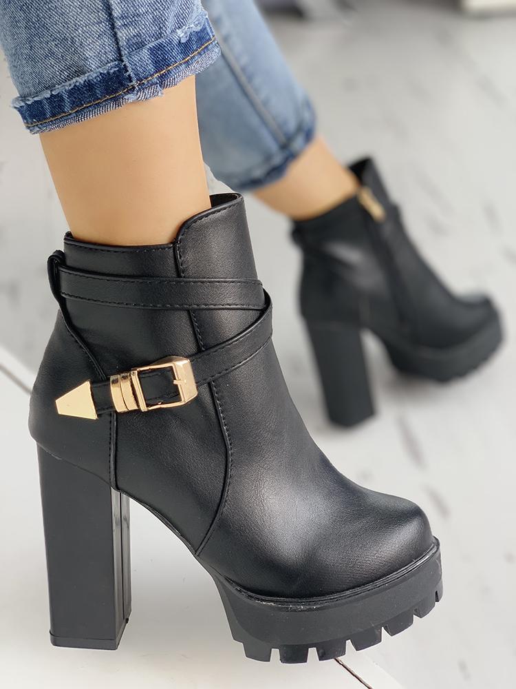 

Metallic Buckled Design Chunky Heeled Boots