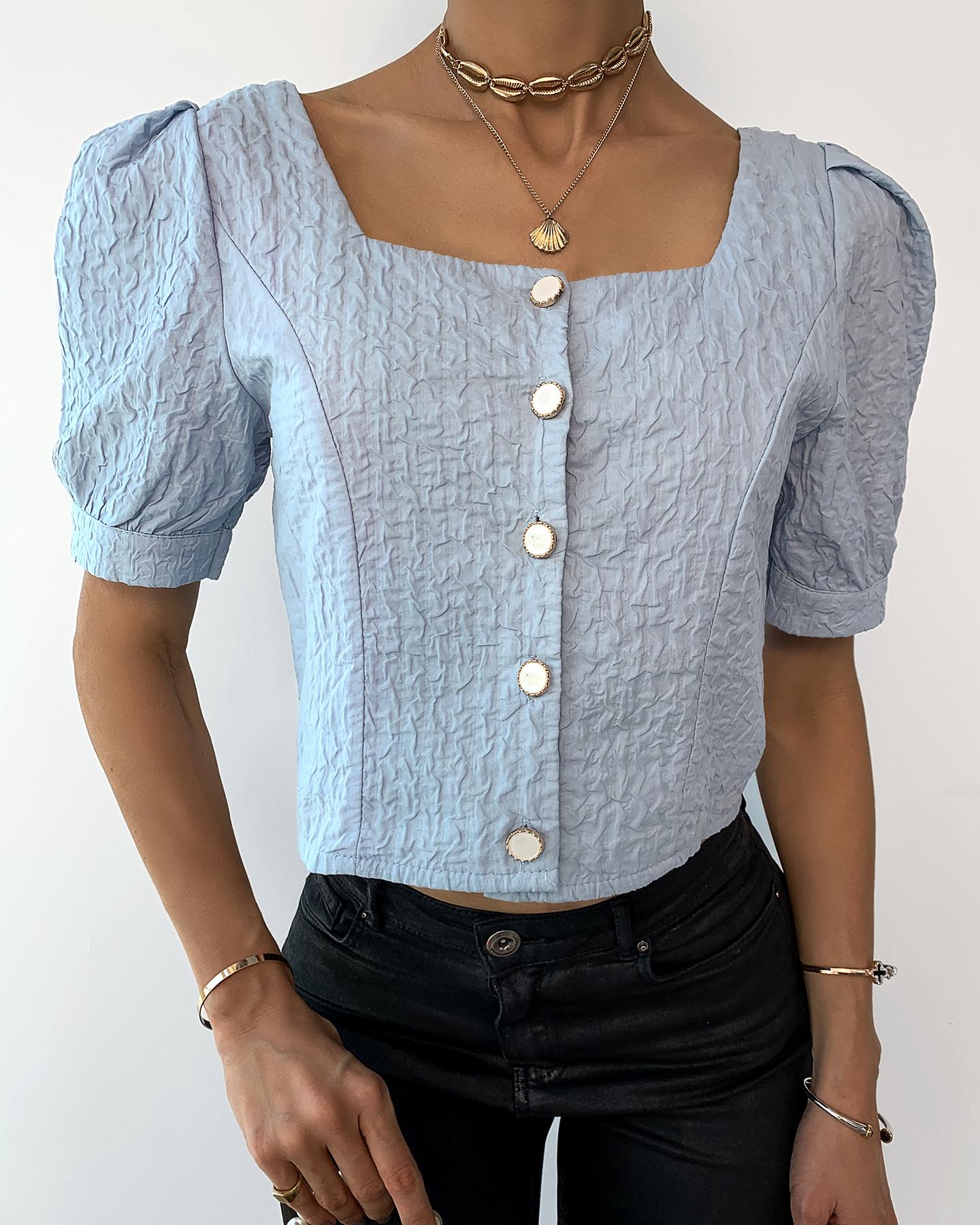 

Button Design Ruched Puff Sleeve Crop Top, Blue