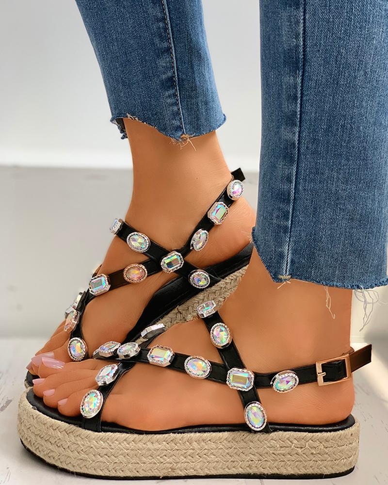 

Rhinestone Bandage Muffin Espadrille Sandals, Black