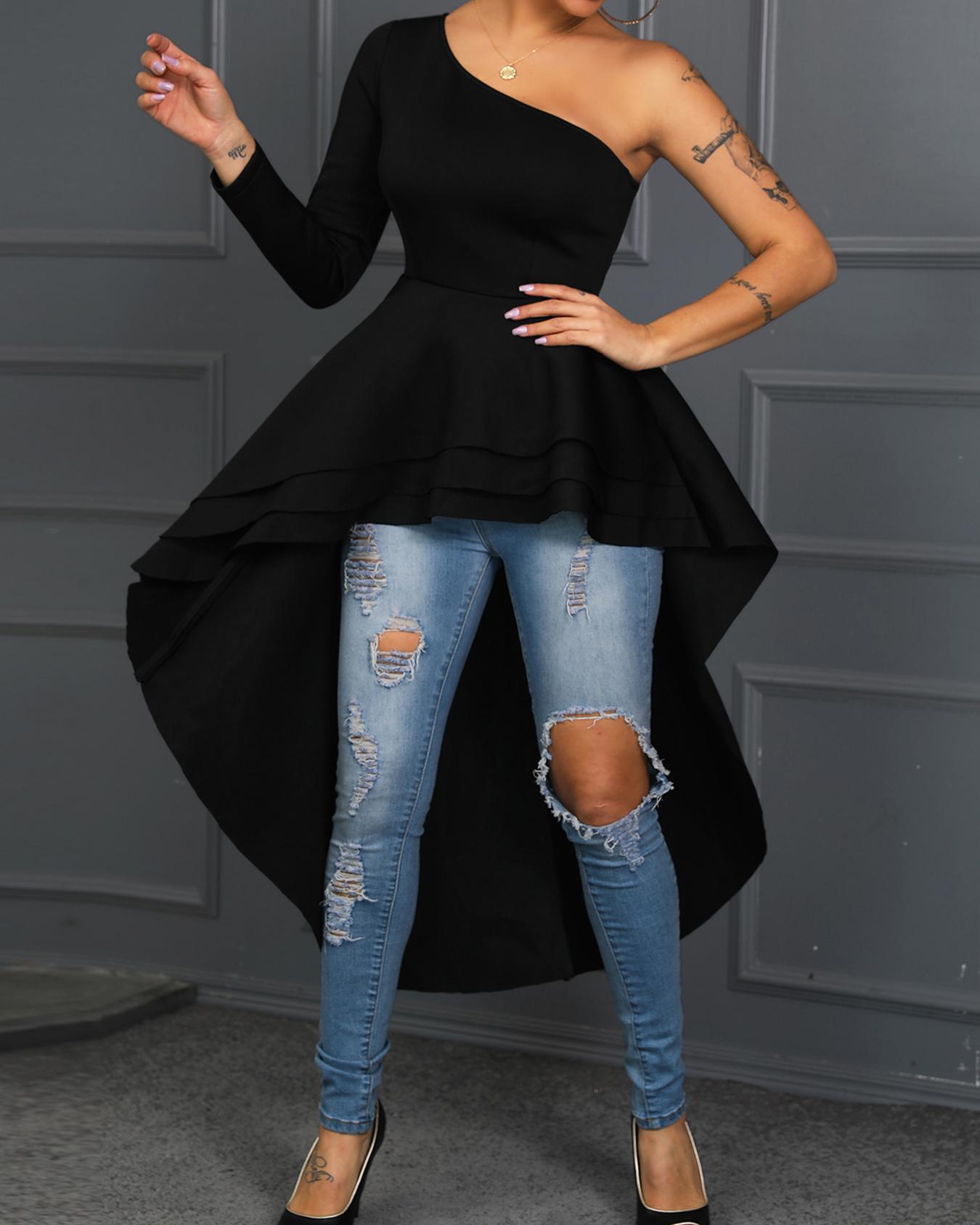 

One Shoulder Ruffles Dip Hem Blouse, Black